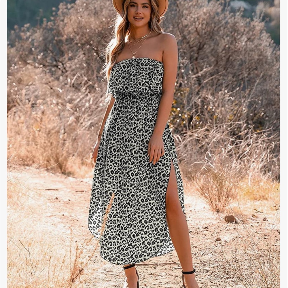 Maxi bandeau strapless leopard print dress with side slit